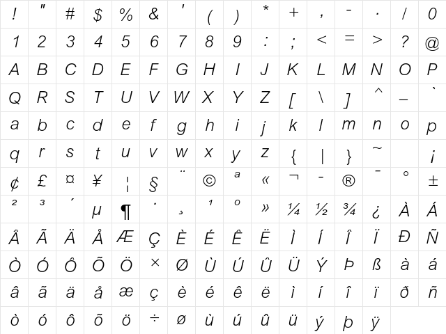 Arial MT Std Light Italic  glyph index