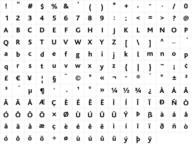 Bliss Regular  glyph index