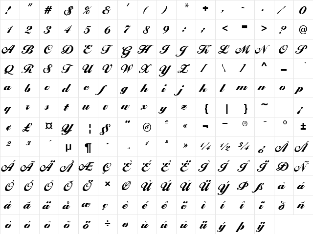Ballantines Script EF Heavy Regular  glyph index
