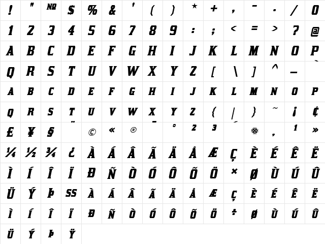 Kirsty Bold Italic  glyph index