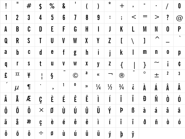 News Gothic Bold Extra Condensed  glyph index