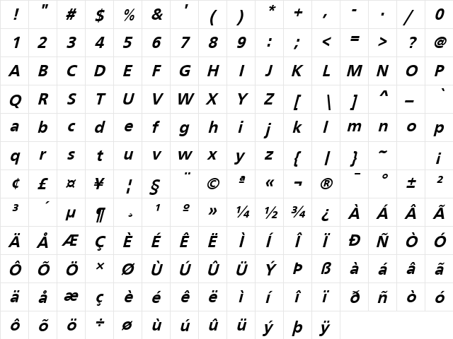 Frutiger Bold Oblique  glyph index