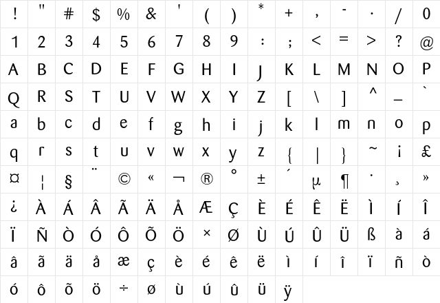 Barmeno BQ Regular  glyph index