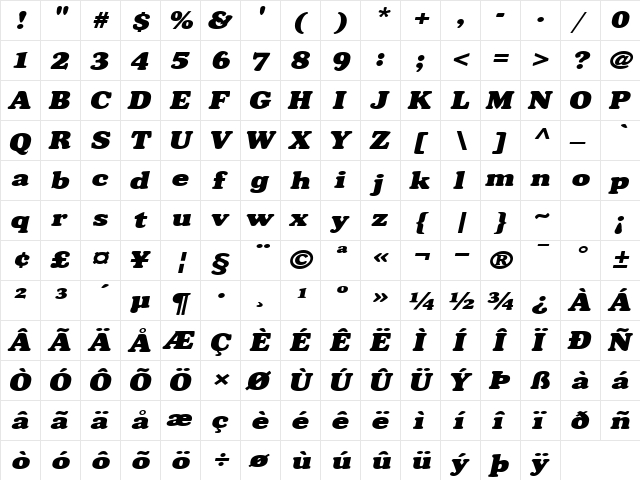BroadsideExtended Italic  glyph index