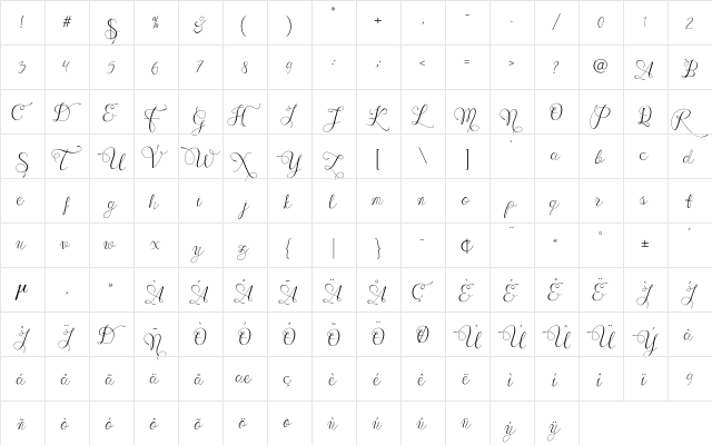 Wenny script Regular  glyph index