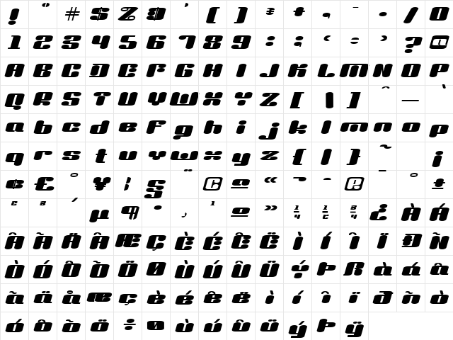 Liquid Sex Italic Regular  glyph index