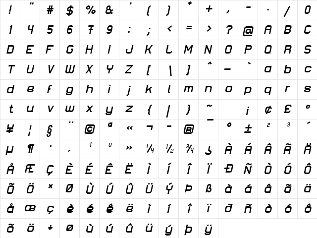 Lastwaerk bold Oblique  glyph index