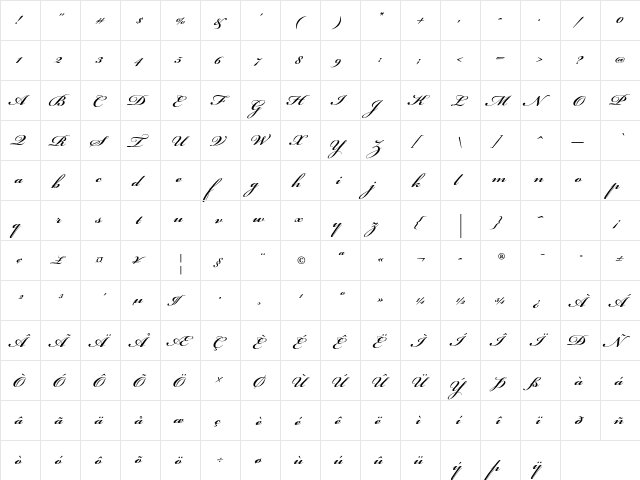 Bickham Script Pro Semibold  glyph index