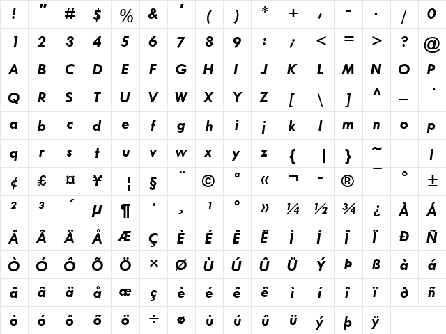 Tw Cen MT Bold Italic  glyph index