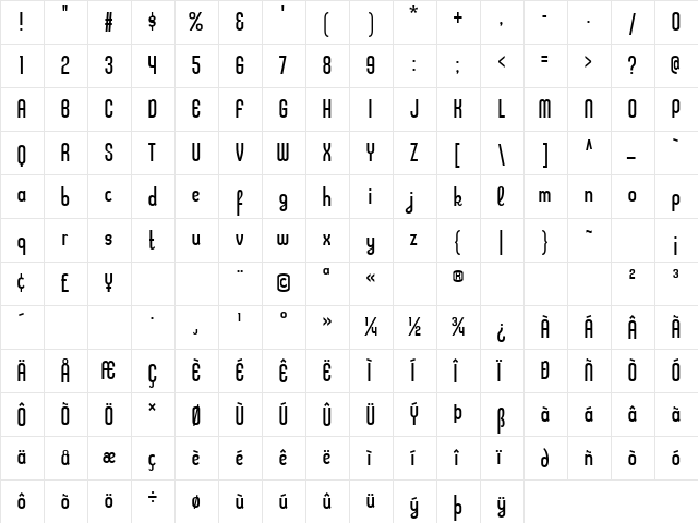 Kleptocracy Condensed Light Regular  glyph index