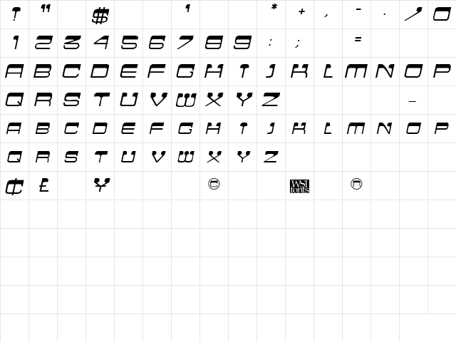 CrewCutCaps Italic  glyph index