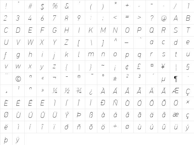 PF DinText Pro ExtraThin Italic  glyph index