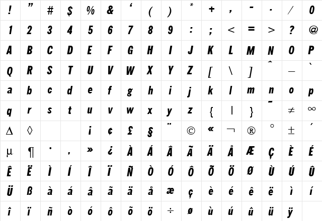 FranklinHeadlineNarrow BoldItalic  glyph index