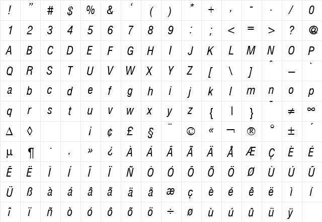 HegelCondLight RegularItalic  glyph index