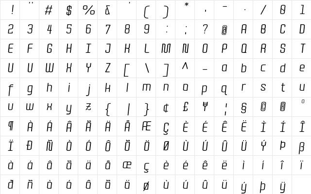 Quota Regular Italic  glyph index