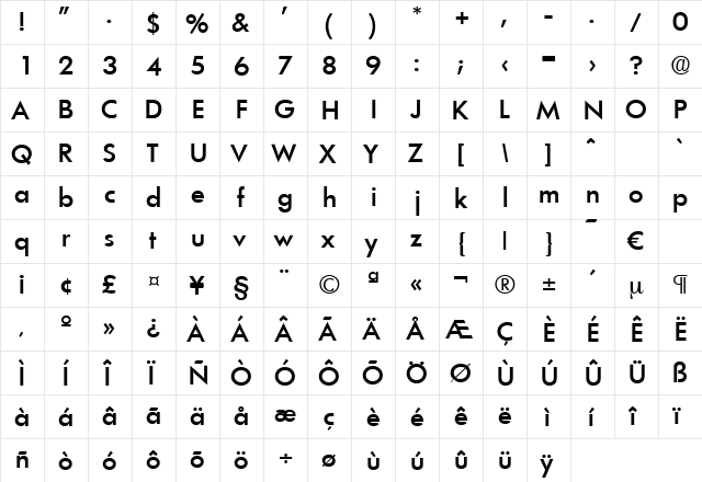 Limerick-Medium Regular  glyph index