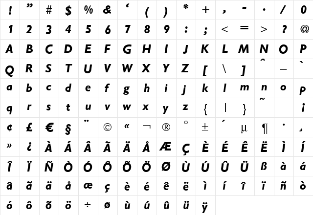 Gibson BoldItalic  glyph index