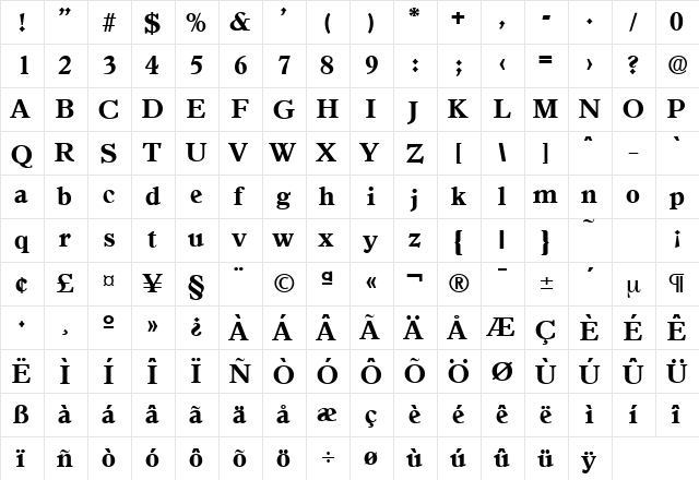 Granada-Serial-ExtraBold Regular  glyph index