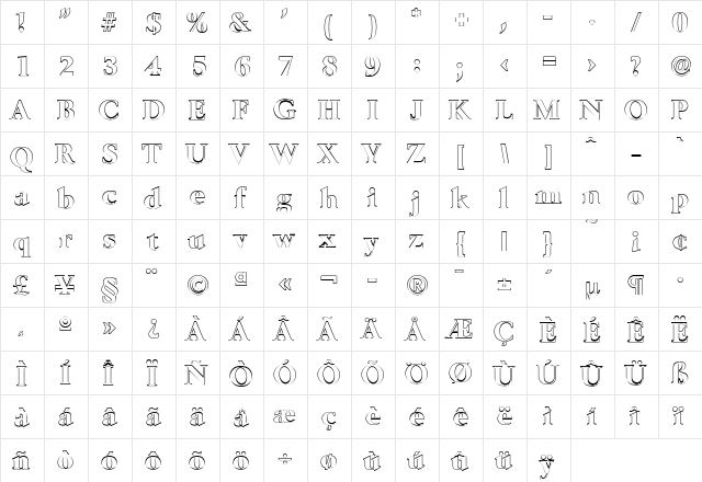 BrandonBeckerOutline-ExtraBold Regular  glyph index