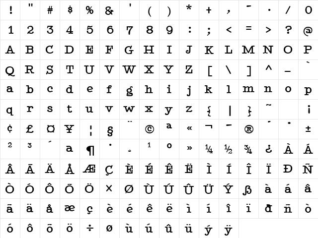 BetterTypeRight Bold  glyph index