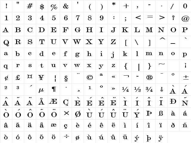 Devine Wide Bold  glyph index