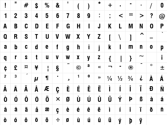 Swis721 Cn BT Bold  glyph index