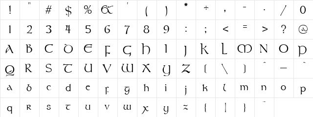 Roman Catholic Regular  glyph index