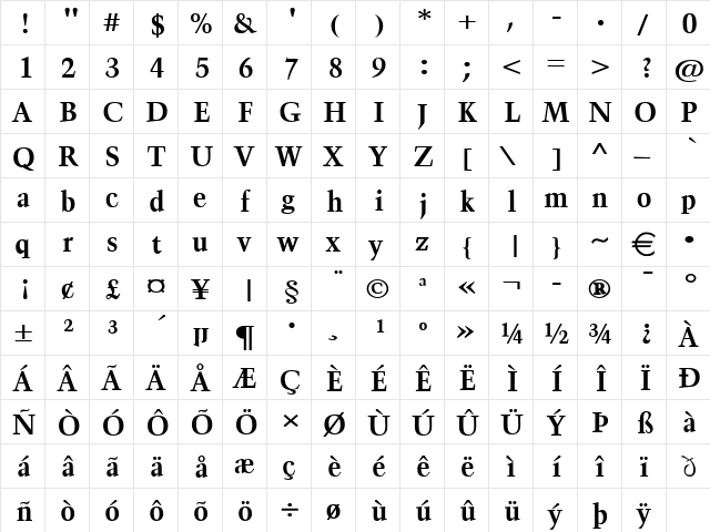 HornWide Bold  glyph index