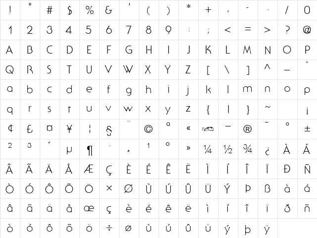Staid Gothic Light Regular  glyph index