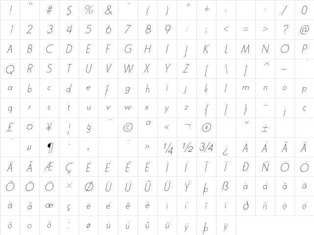 Le Havre Thin Italic Thin Italic  glyph index