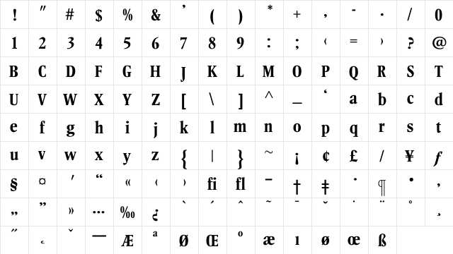 LeightonBoldCond Regular  glyph index
