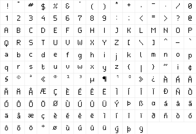 Neue Pixel Sans Regular  glyph index