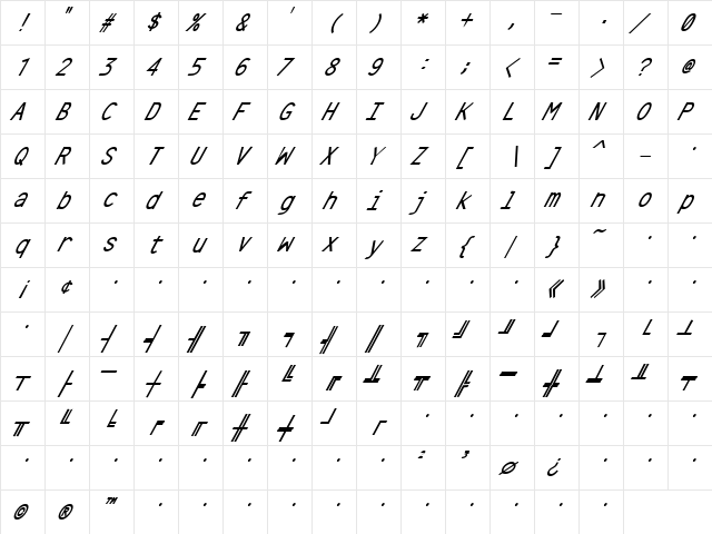 Crystal Oblique  glyph index