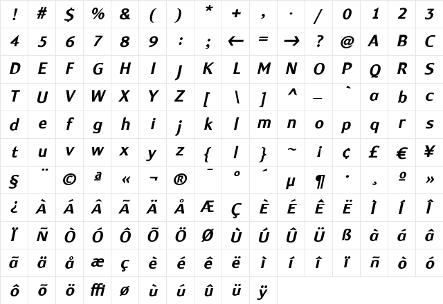 Monem Bold Italic  glyph index