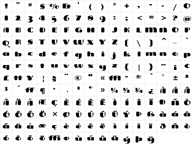 Freddo ITC Black  glyph index