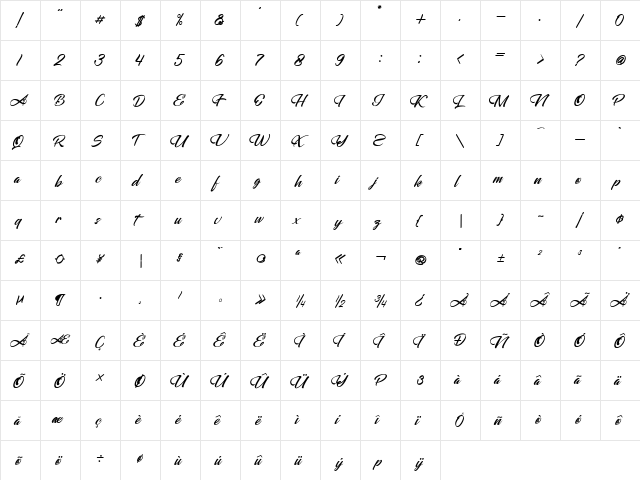 Alessandra Regular  glyph index
