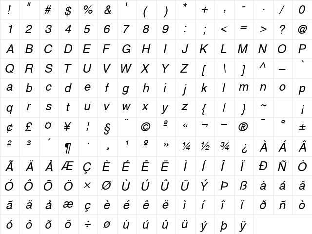 ContextSSK Italic  glyph index