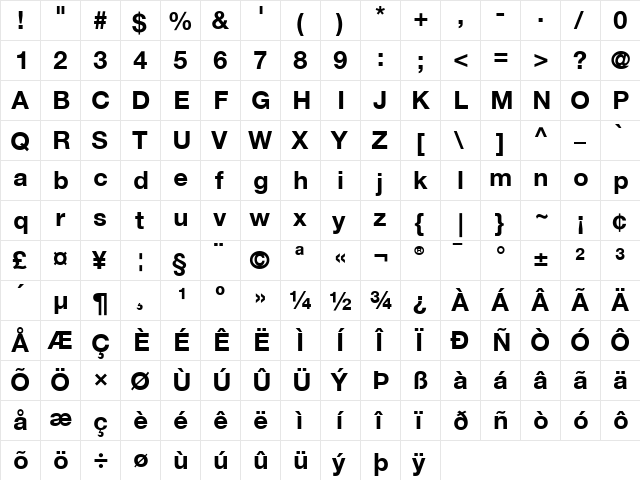 BMW Helvetica Bold  glyph index
