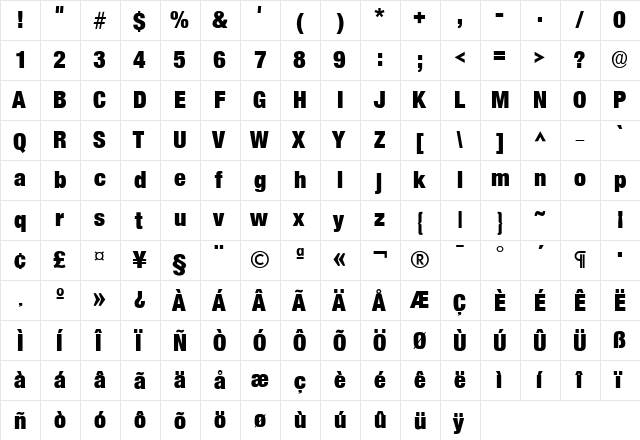 Basic Sans Heavy SF Bold  glyph index