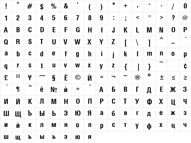 HebarCond Bold  glyph index