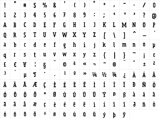 PraterSerifTwo-Regular Regular  glyph index