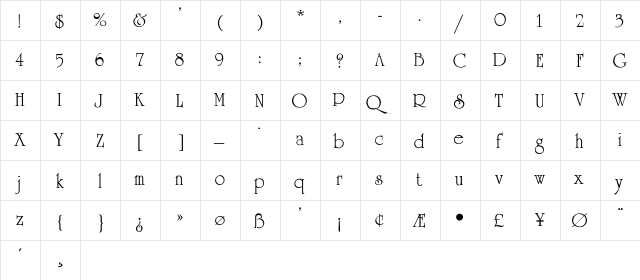 UniversityRoman-Thin Regular  glyph index