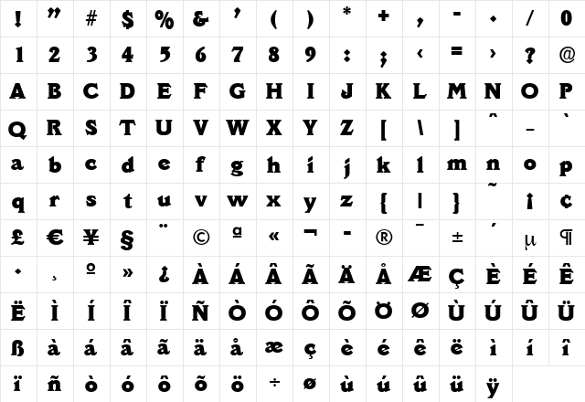 LeroyBecker-Heavy Regular  glyph index