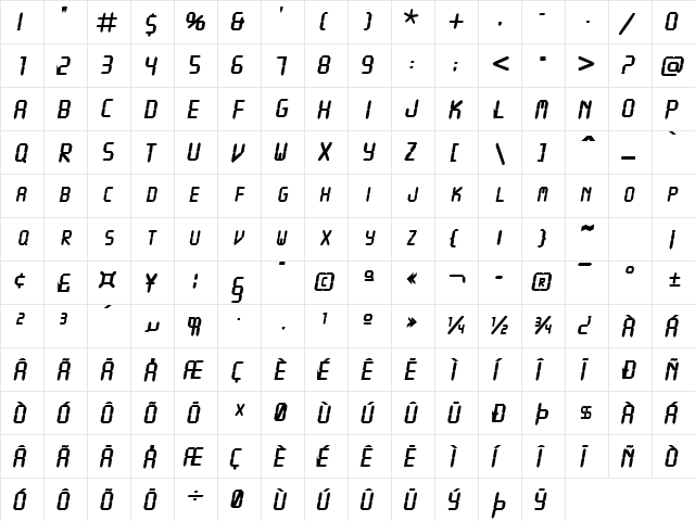VCRSCapsSSK BoldItalic  glyph index