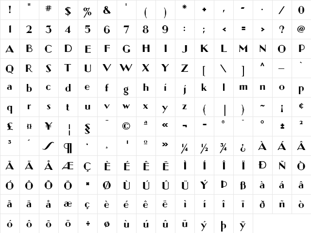 UltramodernClassicSG Regular  glyph index