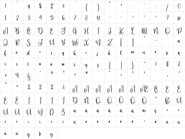 Hi Virginia Regular  glyph index