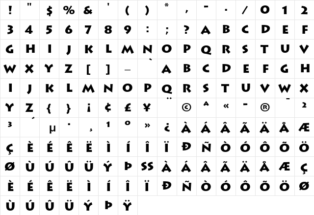 Lithos Black  glyph index