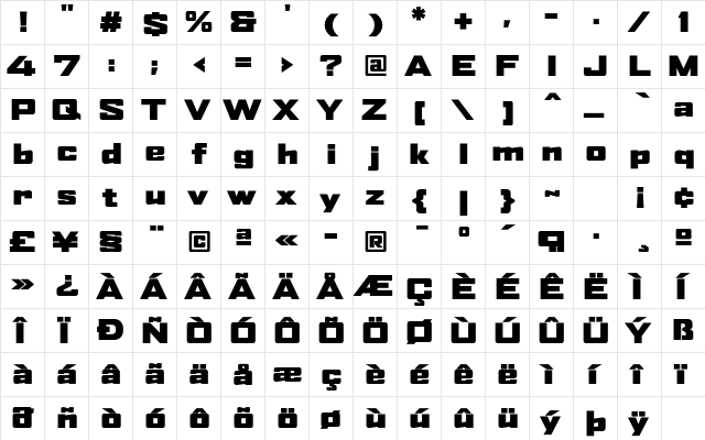 AgencyFB Black Extended Regular  glyph index