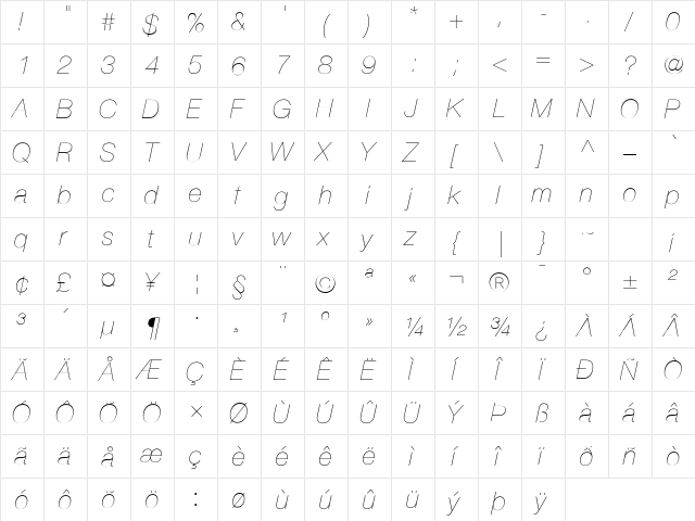 Helvetica Neue UltraLight Italic  glyph index