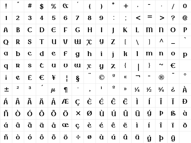 Lindisfarne Nova BT Bold  glyph index